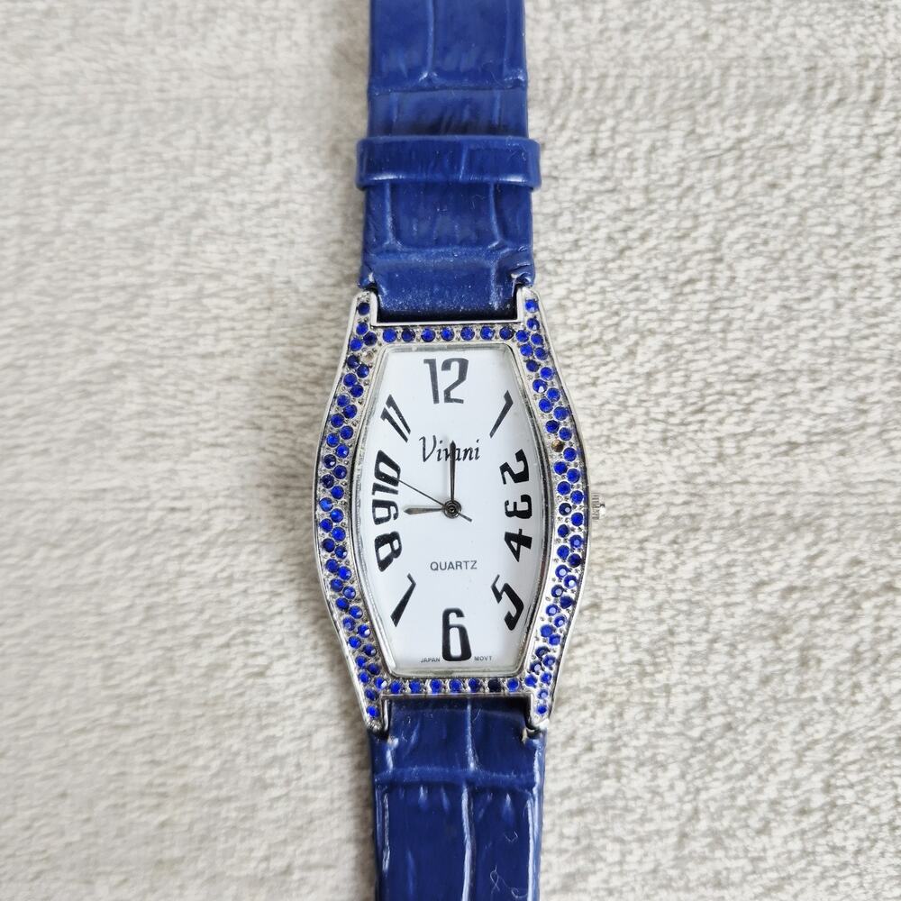 Vivani Women’s Watch Blue Rhinestones Blue Leather Band Silver Accents NEED BATT